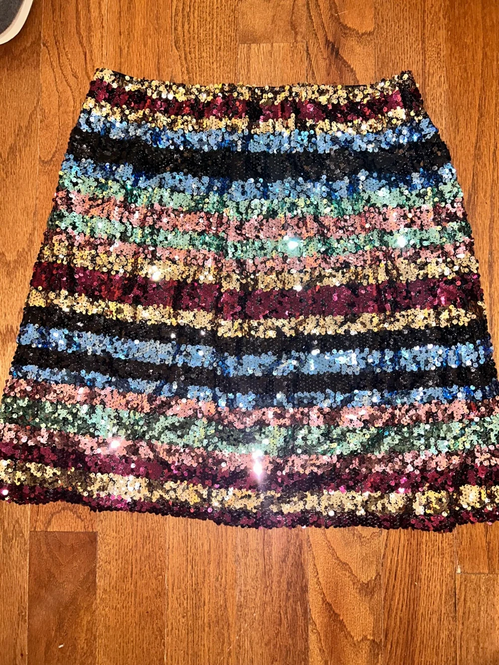 ECI Multi-Striped Sequin Mini Skirt in Teal, Blue & Gold